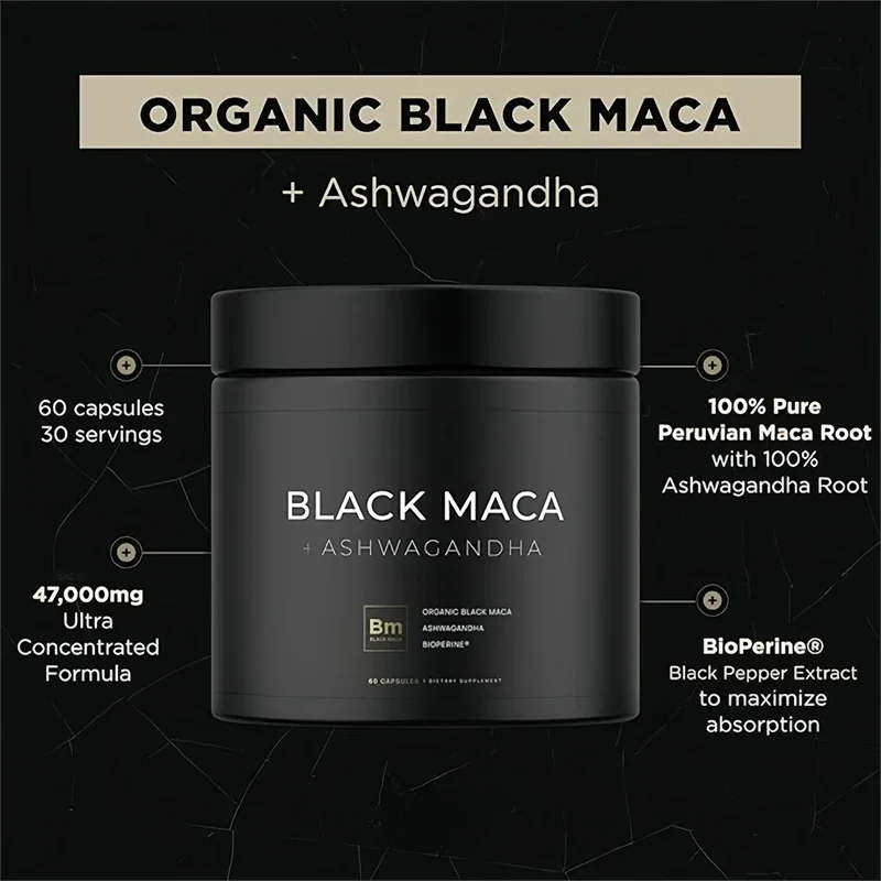 40,000mg Organic Black Maca Root + Ashwagandha 40x Strength Capsules for Men Enhancing Supplement Pure Maca Pills Male Booster