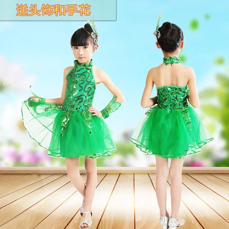 

Children's Latin Dance Costume princess dress green skirt dance costumes sequined female