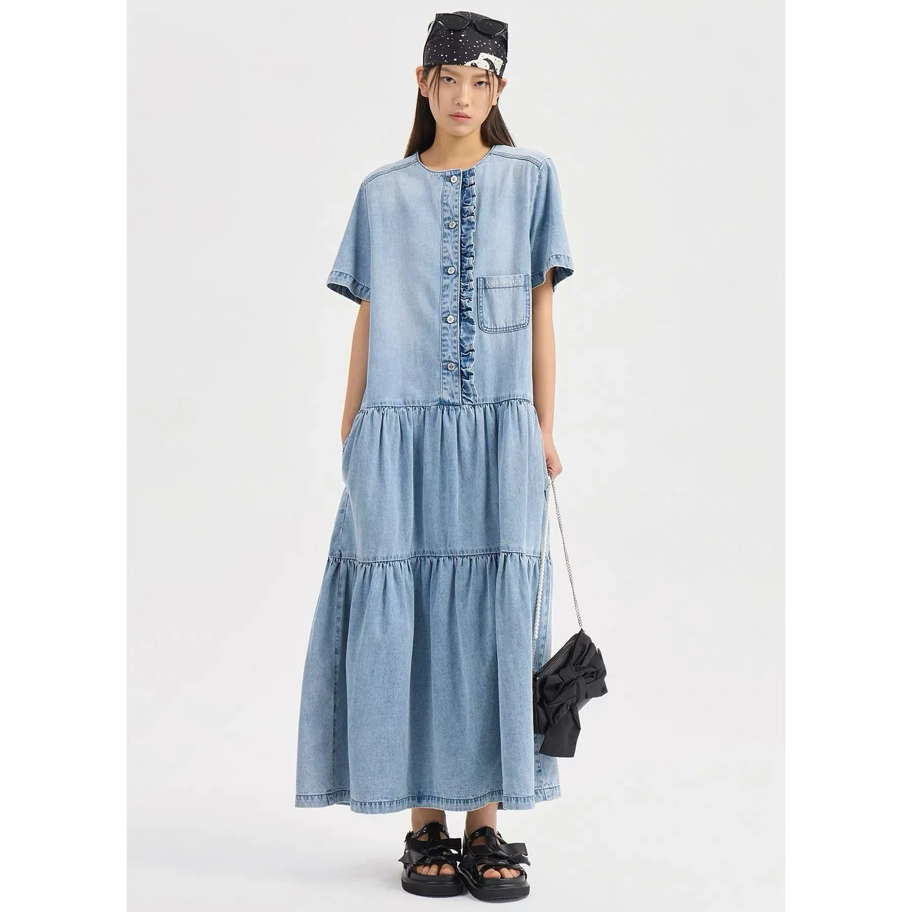 

Lemon Cheese LUC26 Spring Casual round Neck Lace Design Loose Slimming Long Dress Cotton Short Sleeve Button up Women's Dress