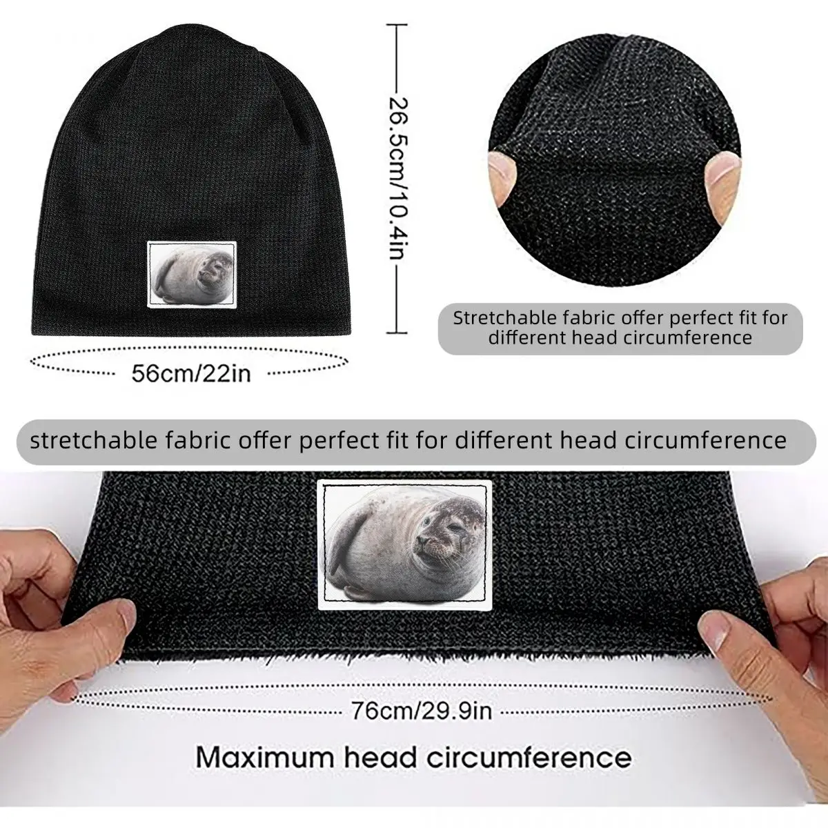 Chonky Seal Waffle Knit Fleece Lined Beanie with PU Leather Patch Unisex Warm Winter Soft Cap