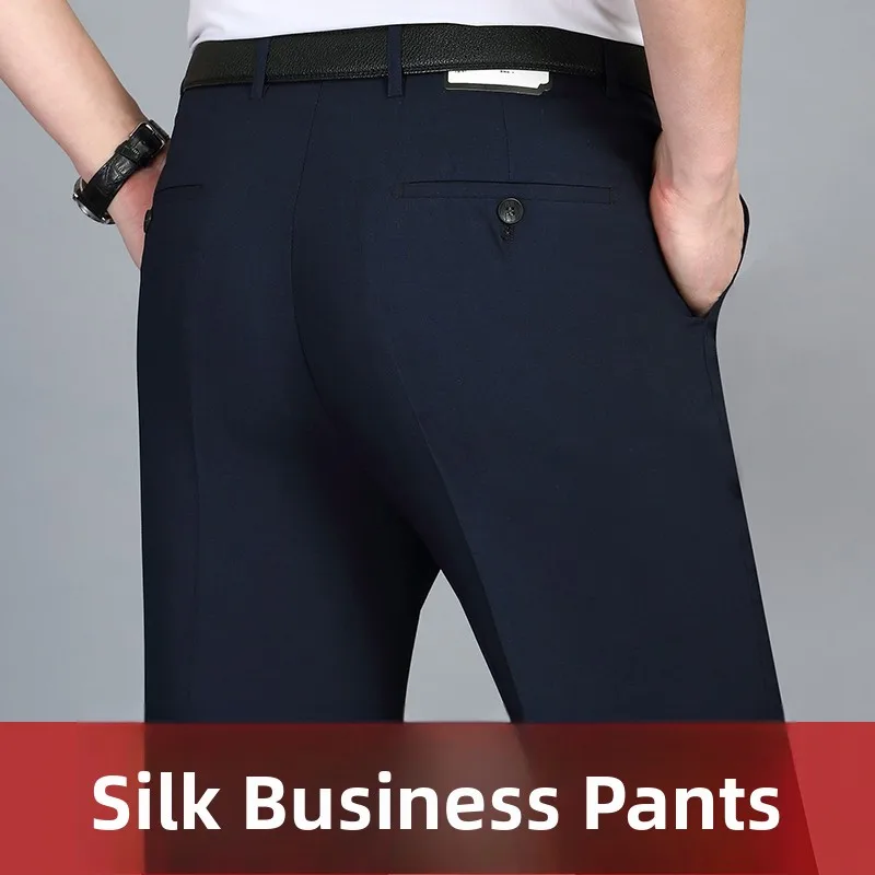 

Summer Thin New Men's Silk Linen Casual No Ironing Busin Pants Straight Leg Long Trousers for ly Busin Casual Sle