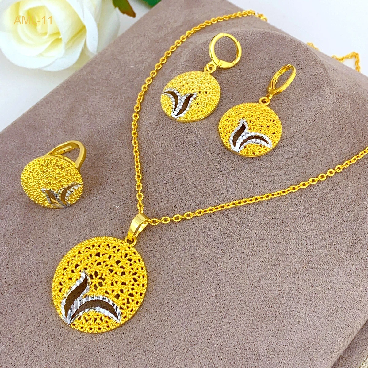 ANIID Indian Luxury 24k Gold Color Pendant Necklcae Earrings Ring Sets for Girl Ethiopian Wedding Chain Jewelry Set Bridal Gifts