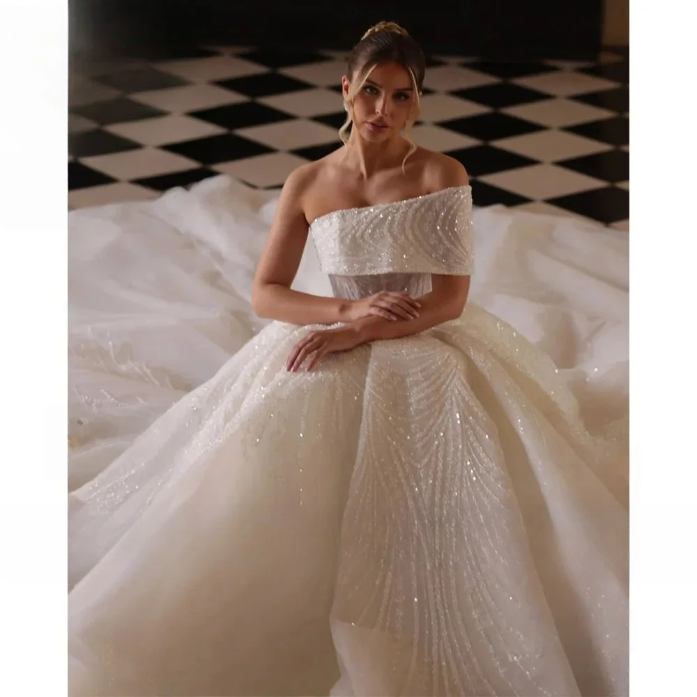 Customized Sparkly A Line Ball Gown Wedding Dress Lace Applique One Shoulder Beaded Crystal Bridal Gown Vestidos De Novia