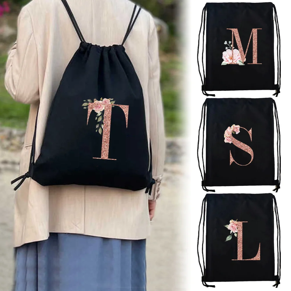 Sleek Canvas Gym Daypack Rose Gold Letter Print Drawstring Sport Bag Shopping Storage Lightweight Sack