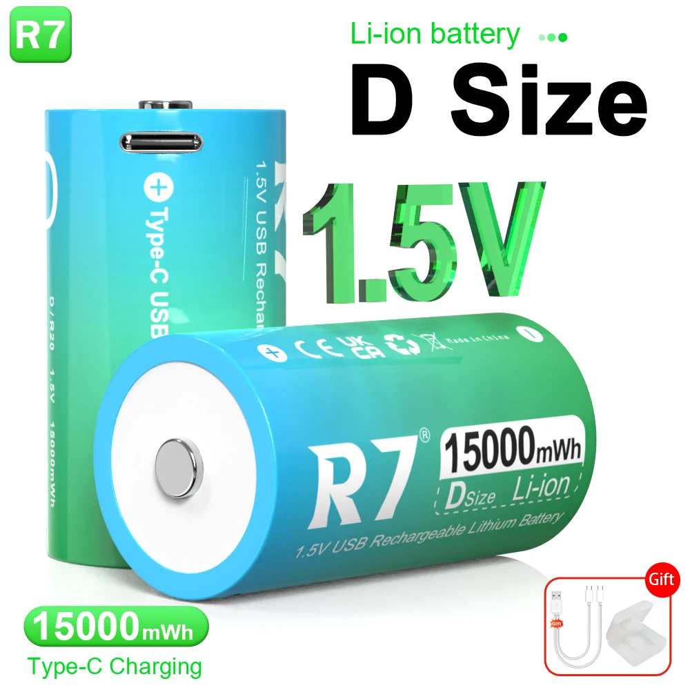 

R7 USB 15000mWh D Size Batteries LR20 R20 HR20 Lithium Battery Li-ion Rechargeable D Size Batteries 1.5V for Gas Appliances
