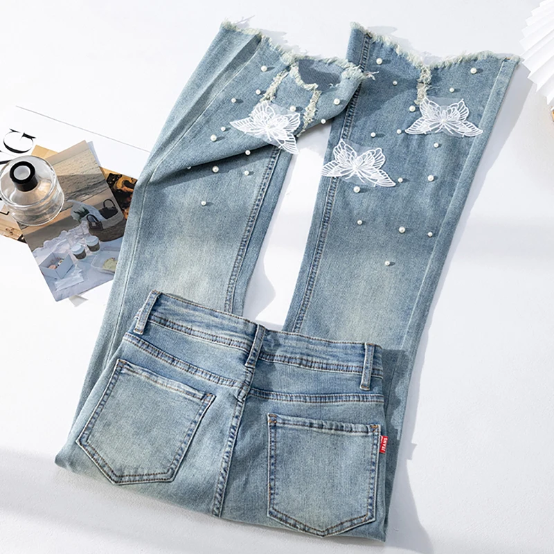 Chic Peal Beading Flared Jeans Women Trendy High Waist Slim Ankle-Length Denim Pants Irregular Tassels Butterfly Lace Blue Jeans