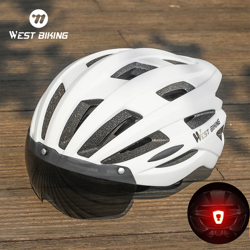 

WEST BIKING Cycling Helmet Men Women With Taillight Goggles Road MTB Bicycle Helmet Sun Visor Lens E-Bike Motorcycle Helmet