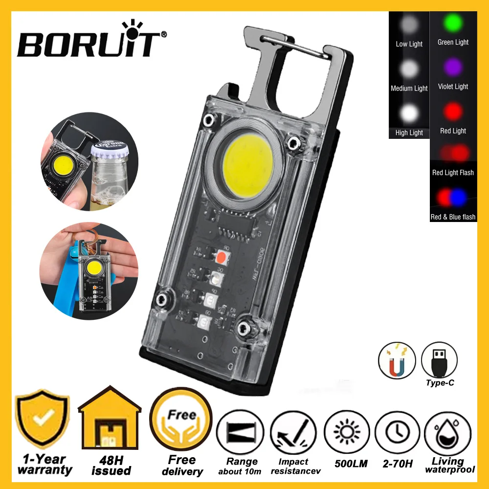 

Мини-фонарь BORUiT LED 500 лм, перезаряжаемый через USB, COB-лампа для кемпинга, портативный карманный фонарь с магнитом и открывалкой
