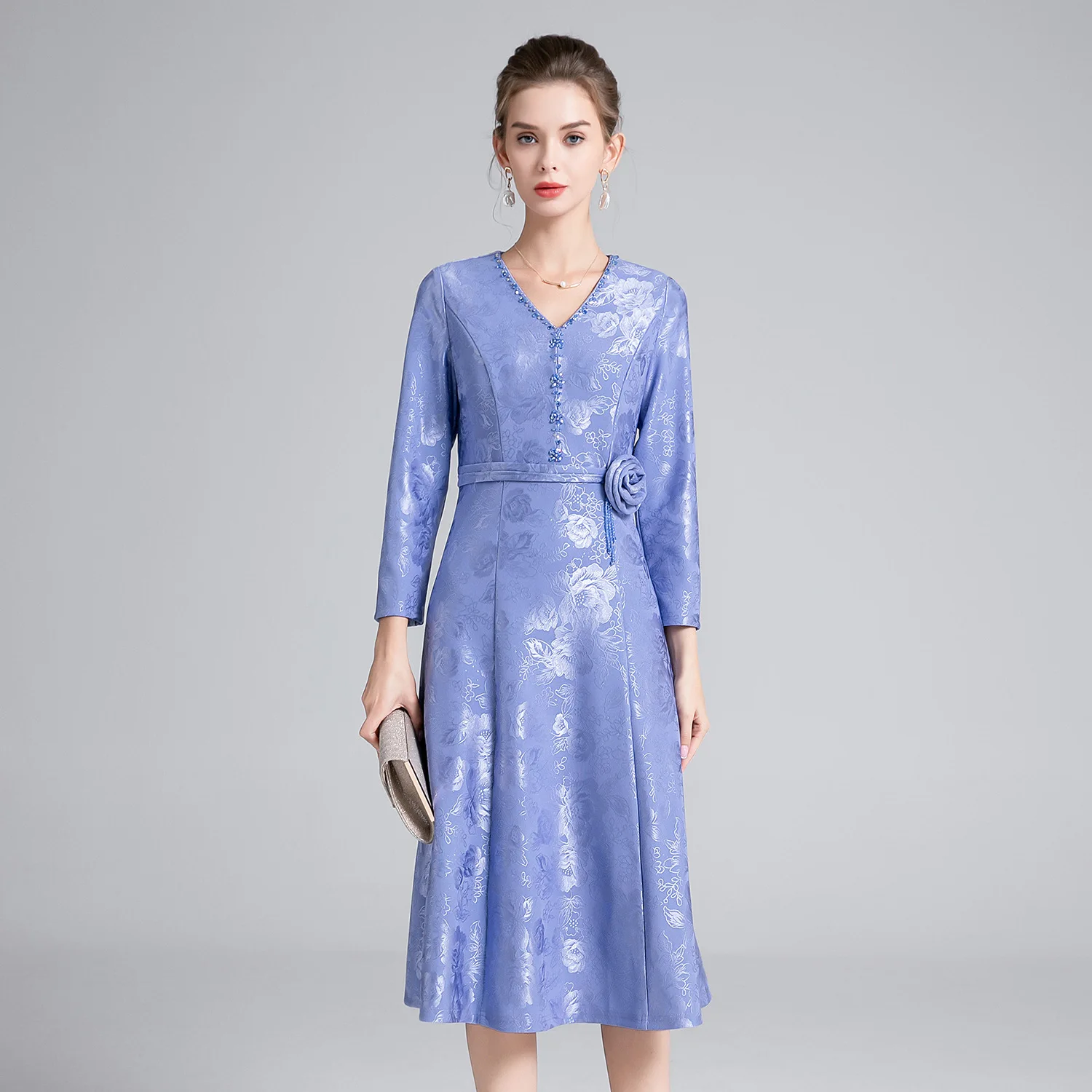 

3xl 2XL Bride Mother Dress 2025 Spring Autumn Women V-Neck Luxury Beading Flower 3/4 Sleeve Midi Royal Blue Dress Female