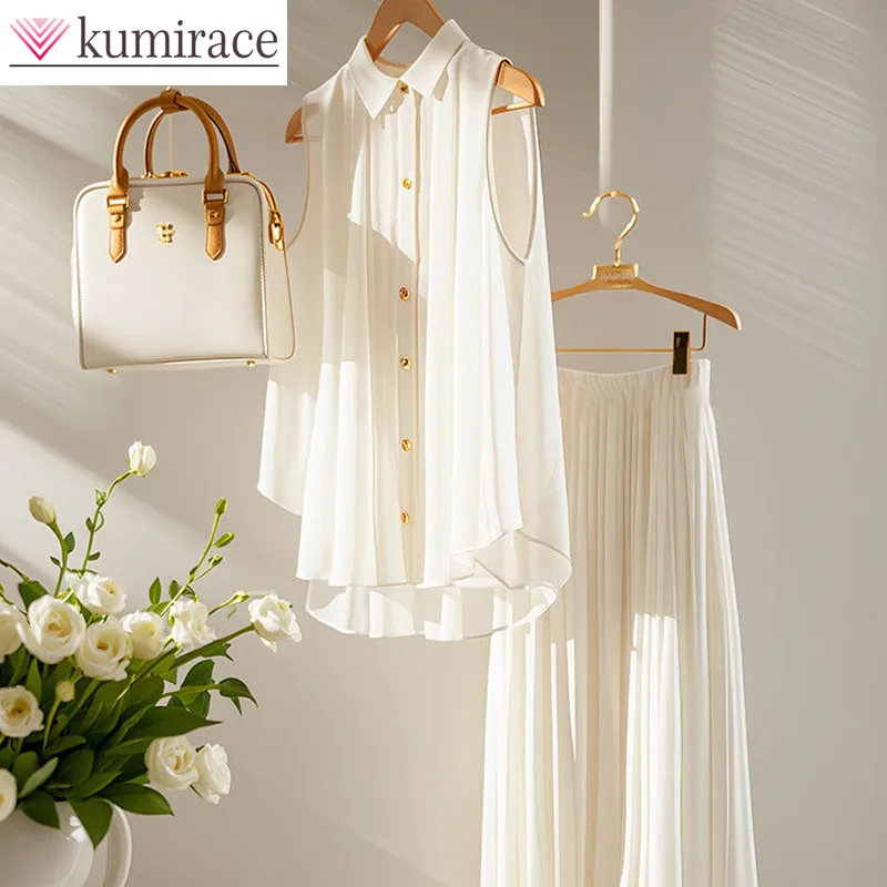 

Popular Light Luxury Super Fairy Chiffon Set Socialite Women's Clothing High-end Slimming White Shirt Half Skirt Two-piece Set