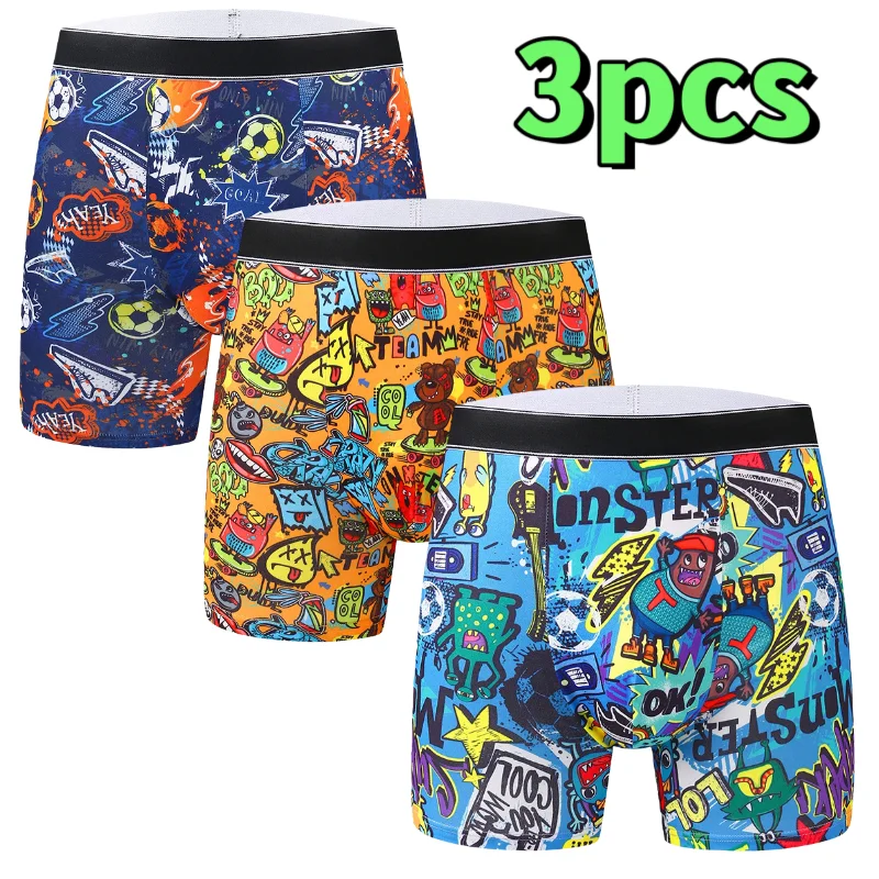 

3Pcs Men's Underwear Long Boxer Briefs Creative Graffiti Cartoon Print Four-Corner Shorts Large Size Comfortable Stretch Fabric