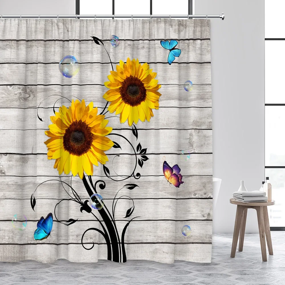 Sunflower Shower Curtain Natural Floral Butterfly Rustic Vintage Shabby Wood Board Flower Print Fabric Bathroom Decor with Hooks