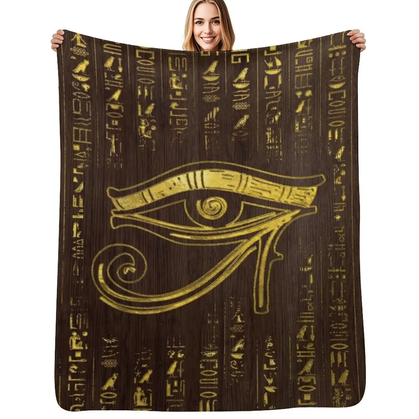 

Golden Egyptian Eye of Horusand hieroglyphics on wood Throw Blanket Soft Beds Camping Polar Blanket