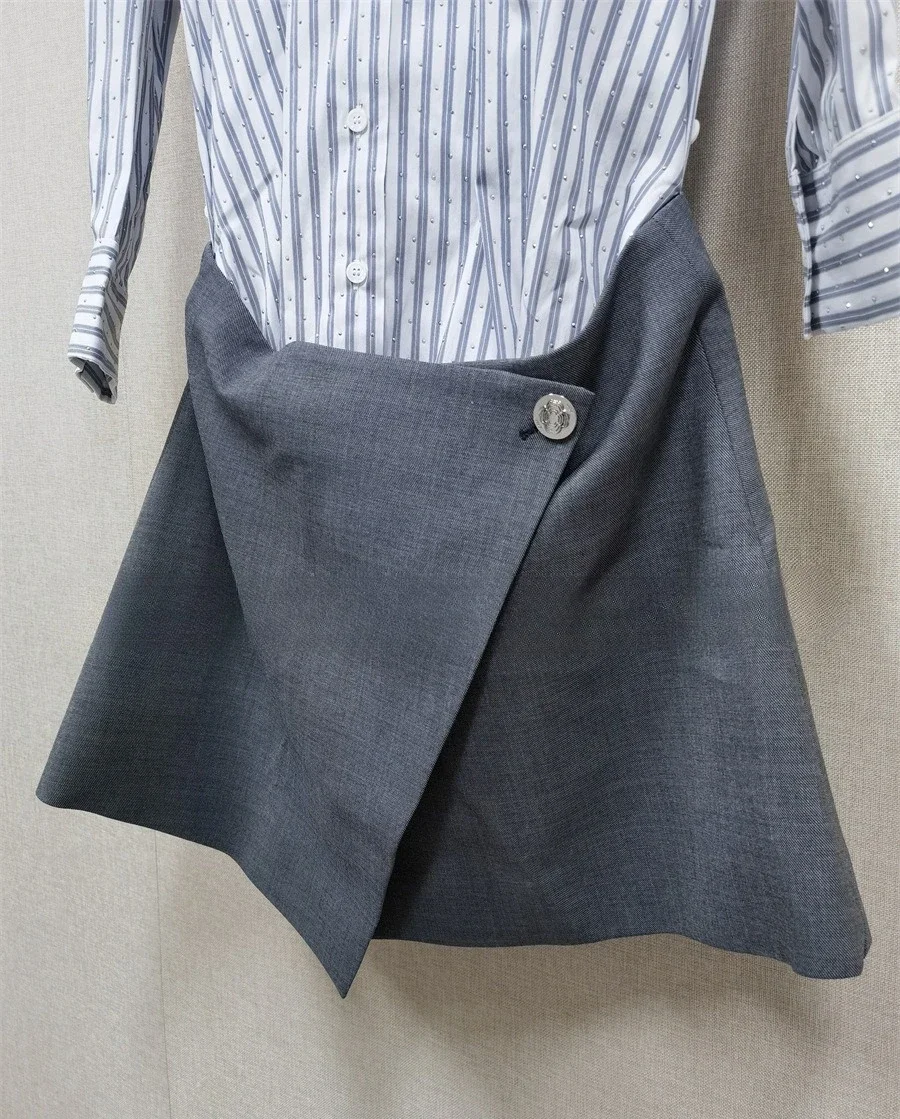 2025 Otoño e Invierno vestido camisero para mujer retales de diamantes a rayas Mini vestido elegante para mujer