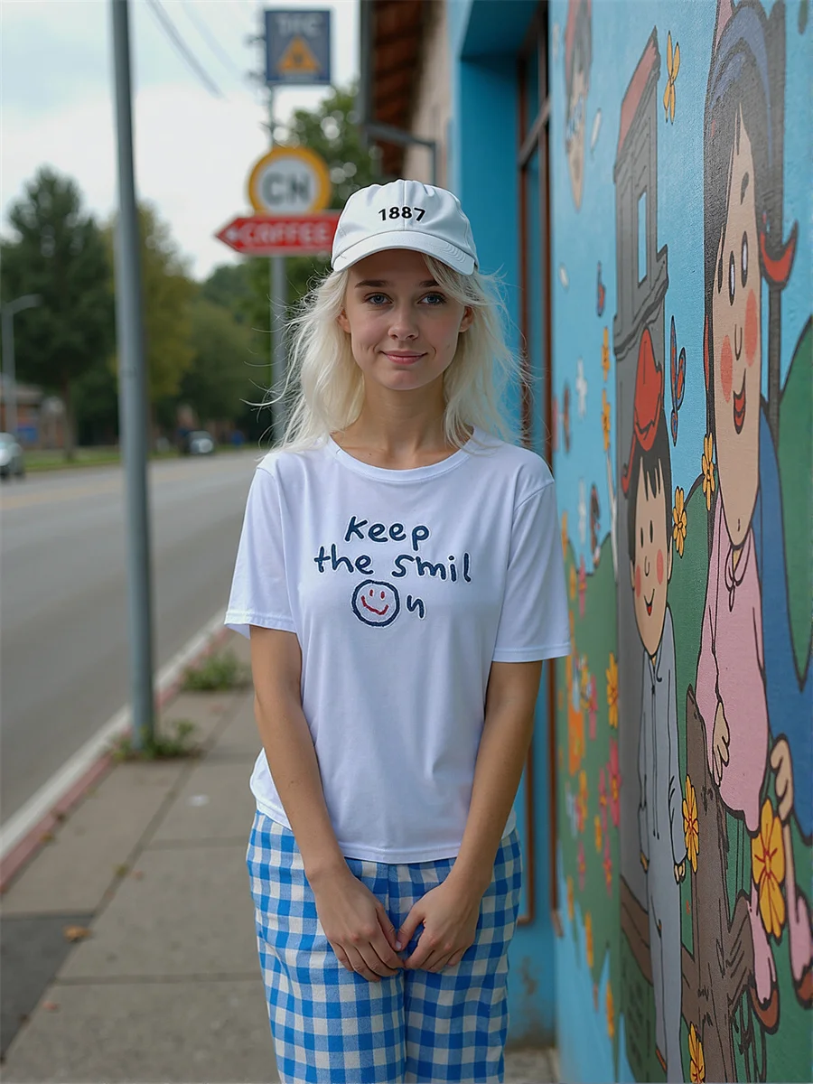 سروال نسائي كبير الحجم أزرق وردي منقوش مدبب الساق صورة ظلية تصميم نحيف من خلال الكاحل مريح الفخذ مريح حديث #4