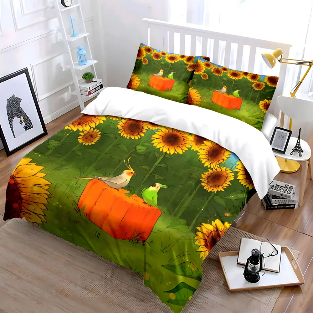 3Pcs Whimsical Farm Bedding Set, Cockatiels on a Pumpkin in a Sunflower Field Print Duvet Cover, Cute Bedroom Decor