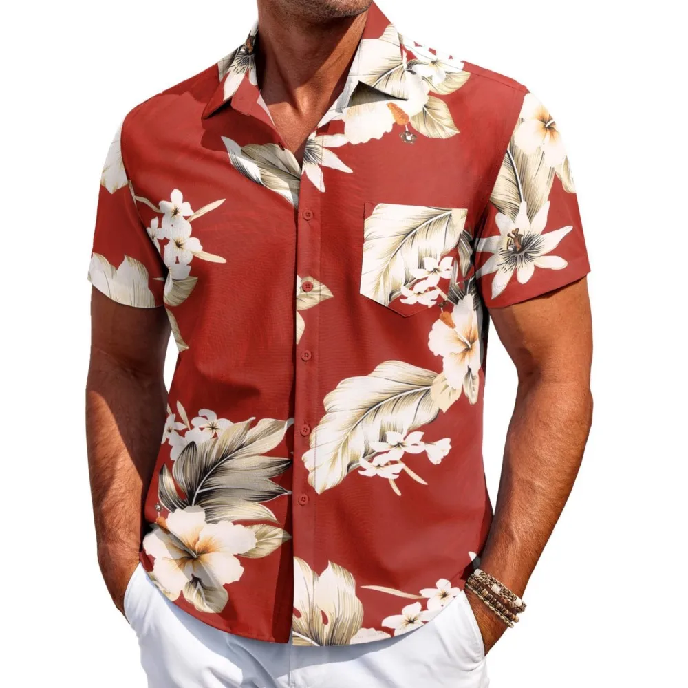 

Vintage Flower Print Shirt Male Summer New Casual Beach Vacation Style Short Sleeves Lapel Single Breasted Shirts Menswear
