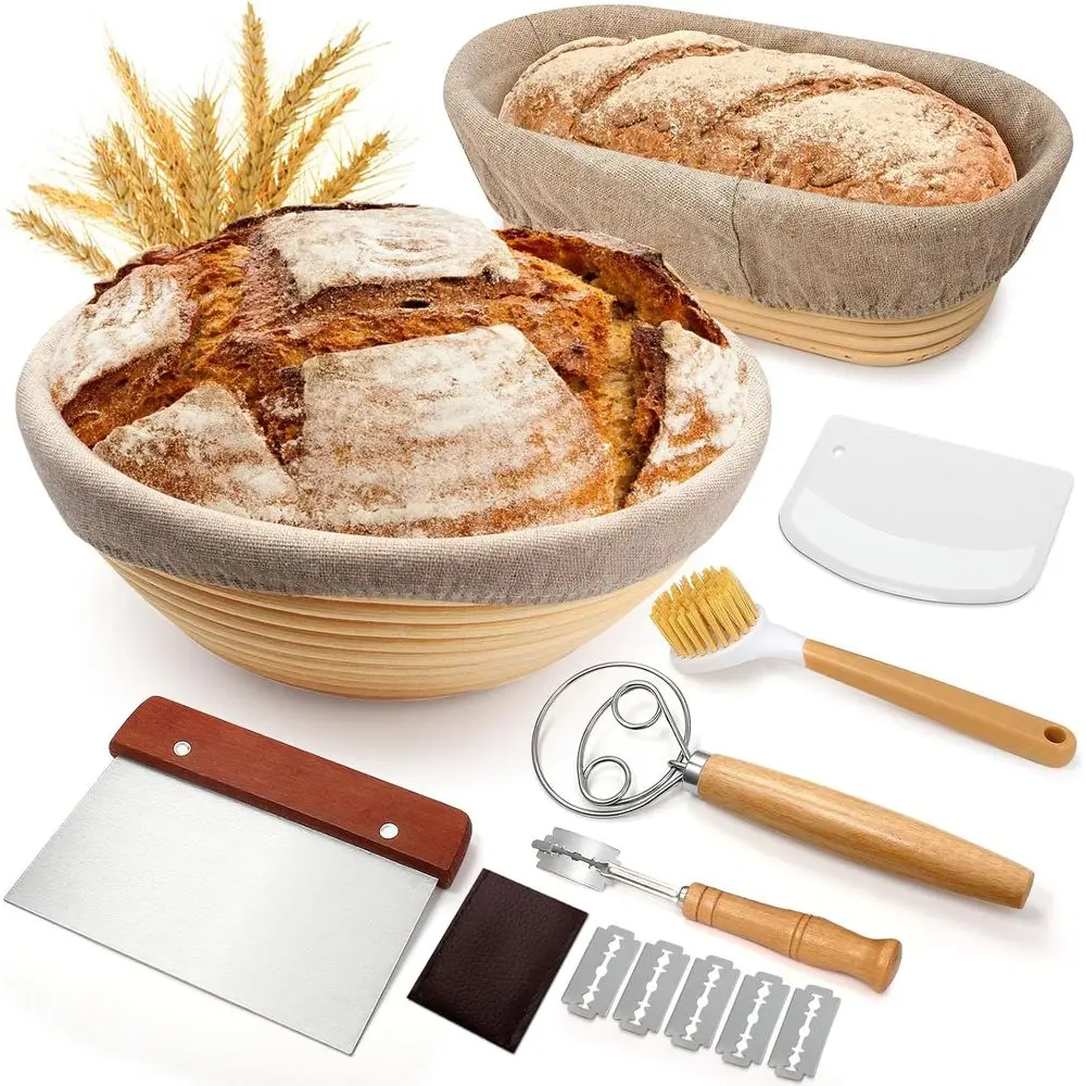 

Round and Oval Banneton Bread Baskets Set with Lame, Whisk, Scraper, Linen Liner