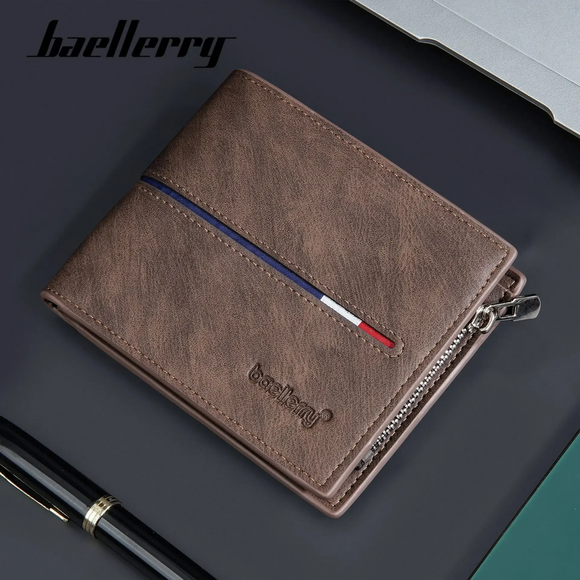 

2024 Fashion PU Leather Men's Wallet Short Zipper Card Holder Simple Slim Coin Pocket Leisure Short Wallet