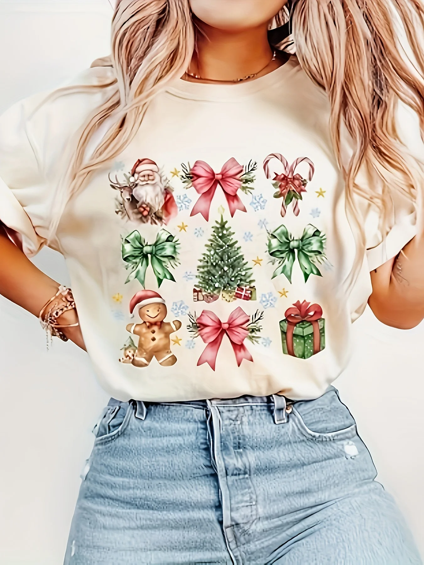 Merry Christmas Graphic Tees Tops Bow Print Crew Neck T-Shirt Casual Short Sleeve T-Shirt Cotton Women's Clothing Holiday Gifts