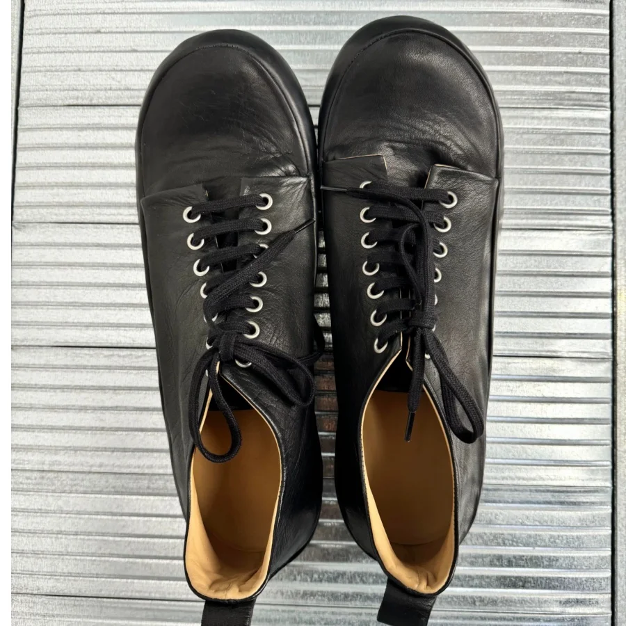 Men's Black Soft Leather Lace Up Low Top Shoes Big Round Toe Design Casual Comfortable Flat Footwear Street Fashion