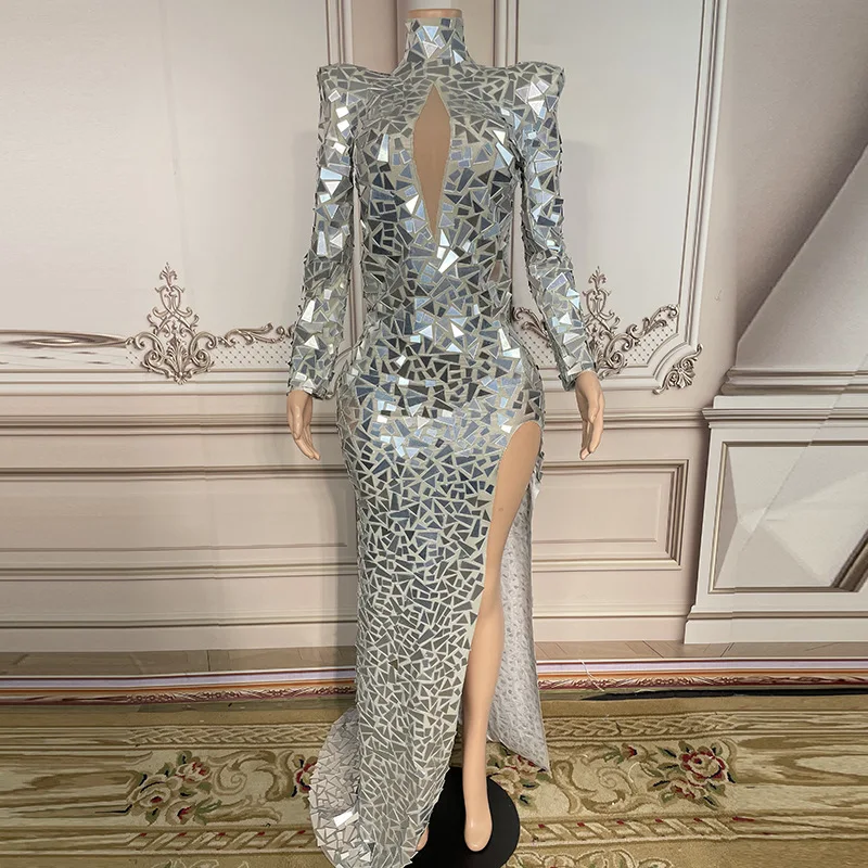 

Mirror Long Birthday Clothing Women's Shiny Mirror Sequins Crystal Wedding Dress Evening Long Slim Fit Fish Vestidos De Flamenca