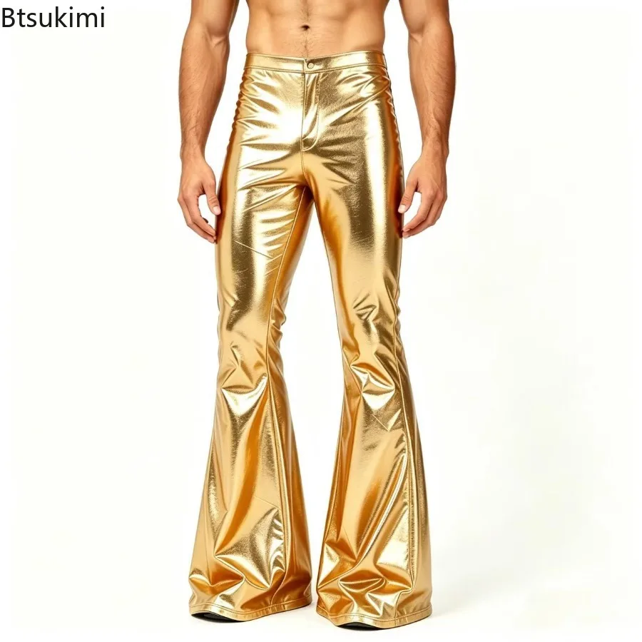 New Men Metallic Shiny Flared PantsSexy Stage Costume Elastic Waistband Bell Bottom Trousers Long Pants 70s Party Show Clubwear view 3