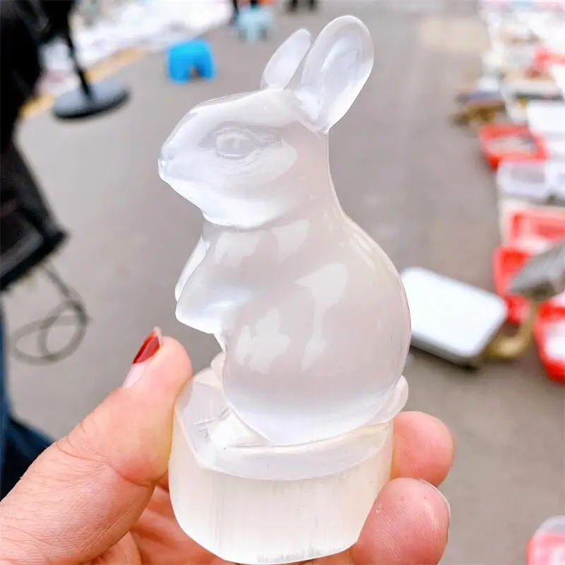 

9.5CM Natural Selenite Hand Carved Rabbit Figurine Healing Crystal Stone Polished Quartz Crystal Animal Natural Stones 1pcs