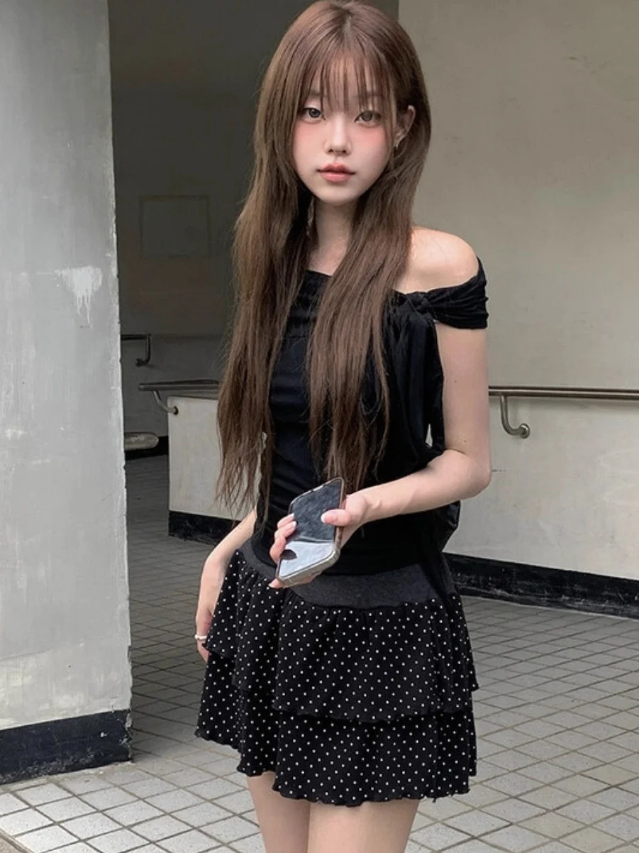 Estate Unico SEI Coreano Sle Tie oulder One-oulder ort-Sve T-shirt Top Slim Gonna a pois Donna Abbigliamento casual