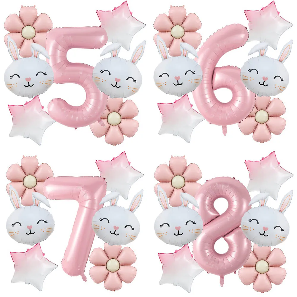 7pcs/set Easter Themed Cartoon Rabbit Matte Pink Daisy Balloon 32inch Number 1-9 Balloon Birthday Party Decoration Kids Toys
