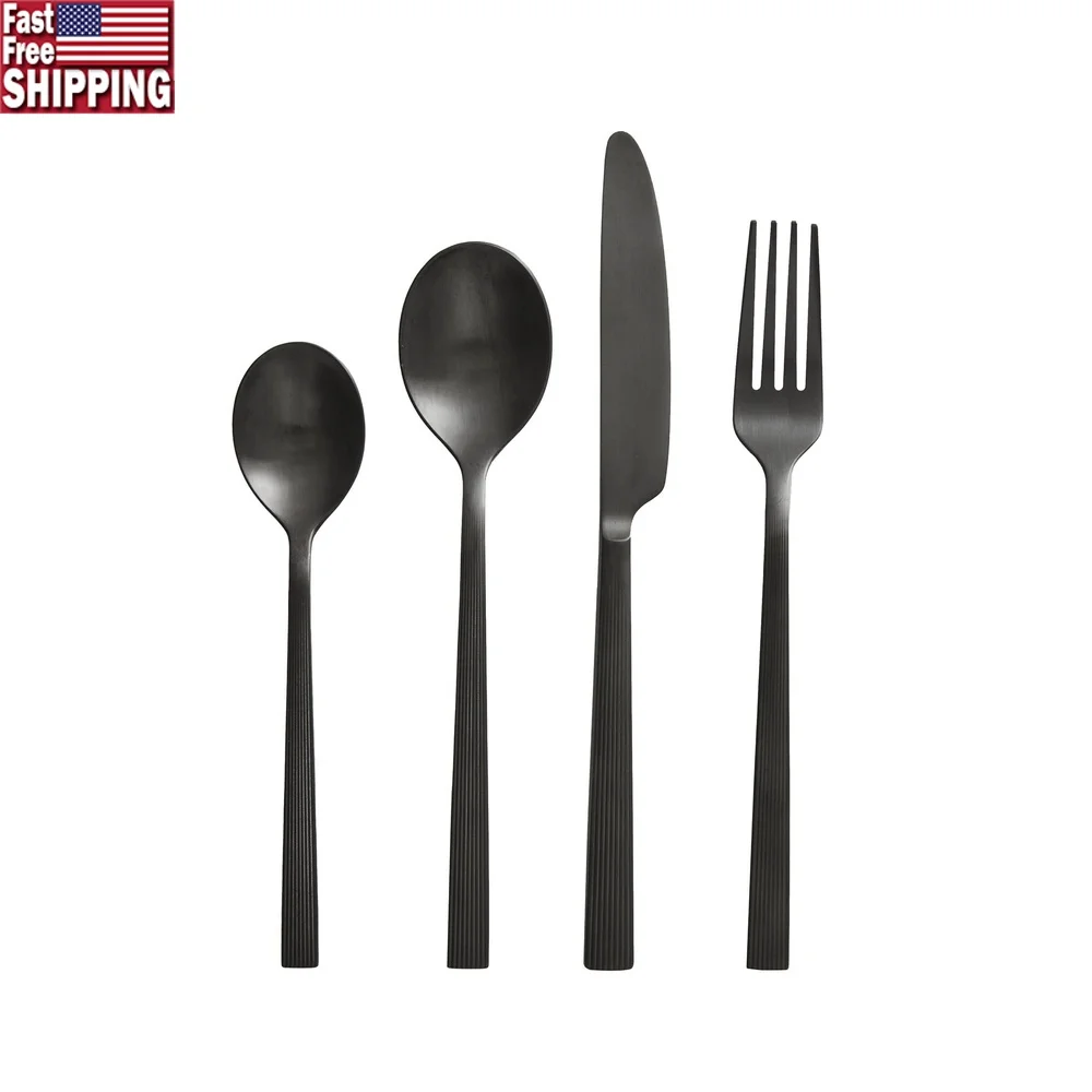 

16-Piece Black Stainless Steel Flatware Set Ergonomic Design Service 4 Dishwasher Safe Elegant Table Setting Dining Essentials