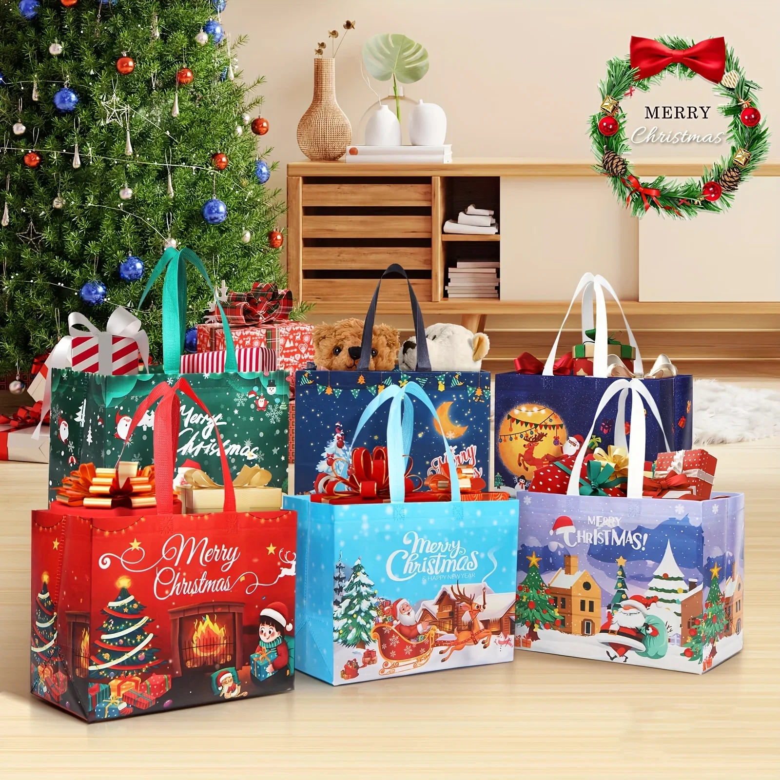 

12pcs Christmas Gift Bags with Handles Reusable Woven Shopping candy Totes bag Foldable New Year Christmas Decor Party Supplies