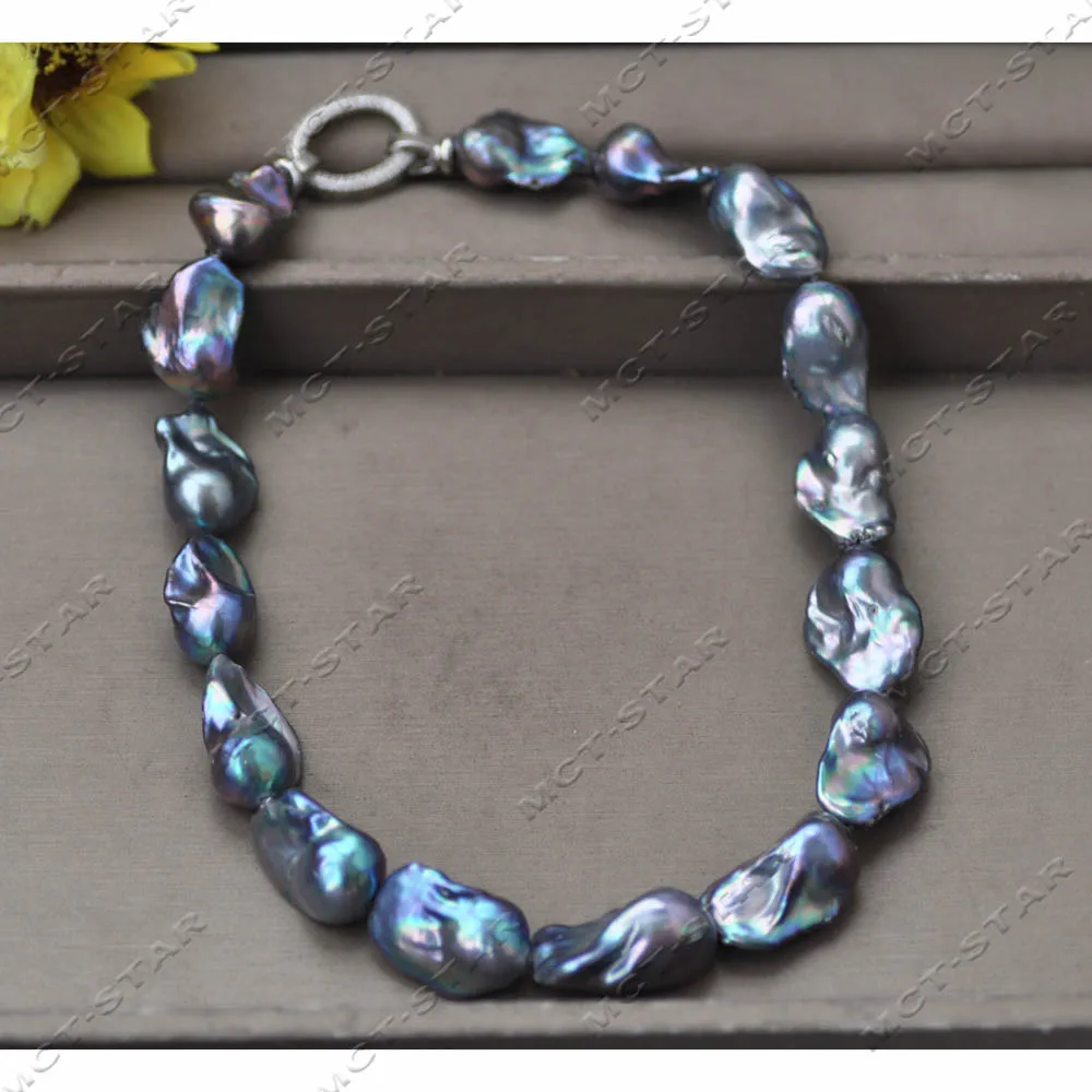 MCT·STAR 17'' 27mm Peacock-Black Baroque Keshi Reborn Pearl CZ Necklace Elegant Jewelry Accessory (Z14203)