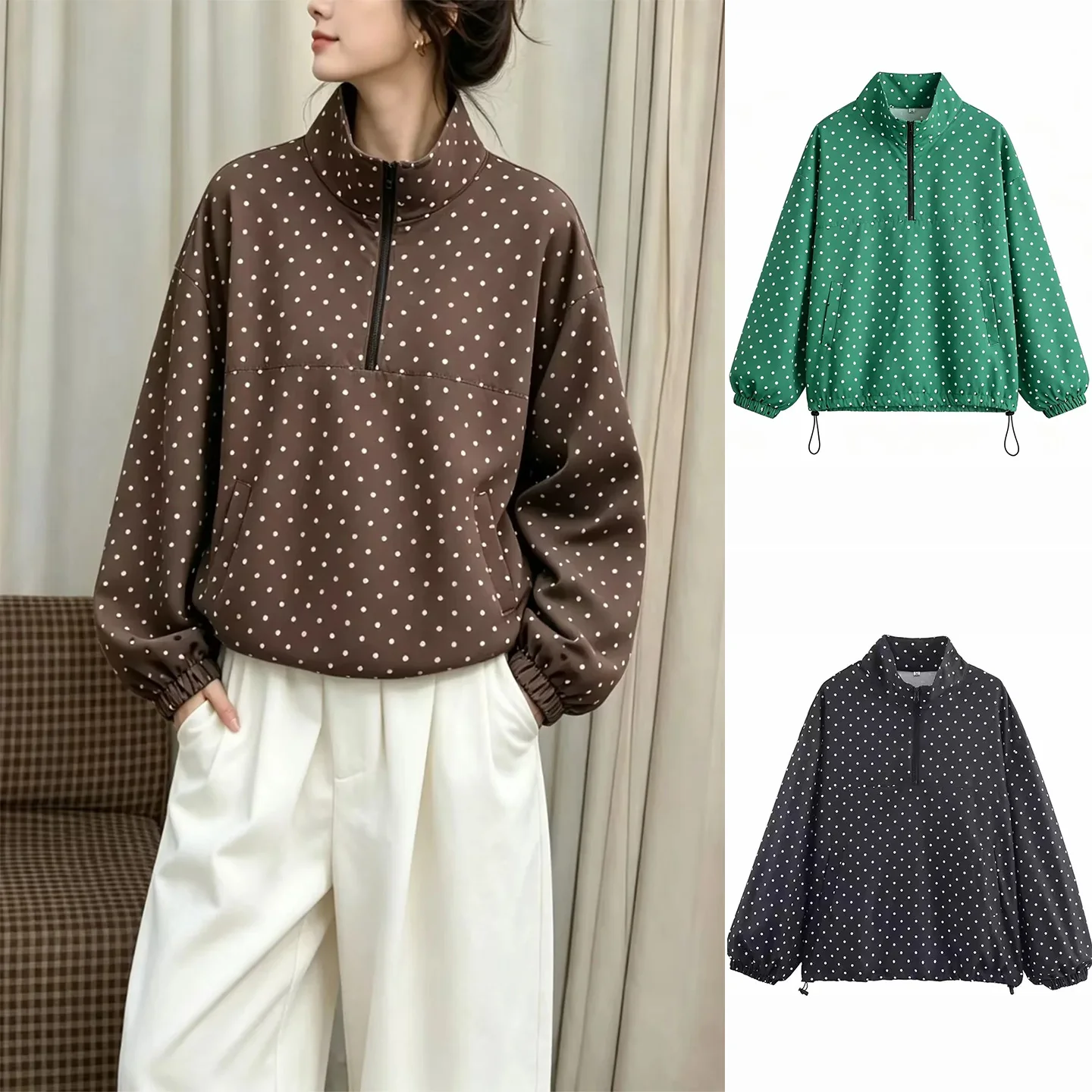

Spring Summer New Women's Loose Fit Long Sleeve Polka Dot Print Stand Collar Half Zip Puffy Hem Sweatshirt Jacket