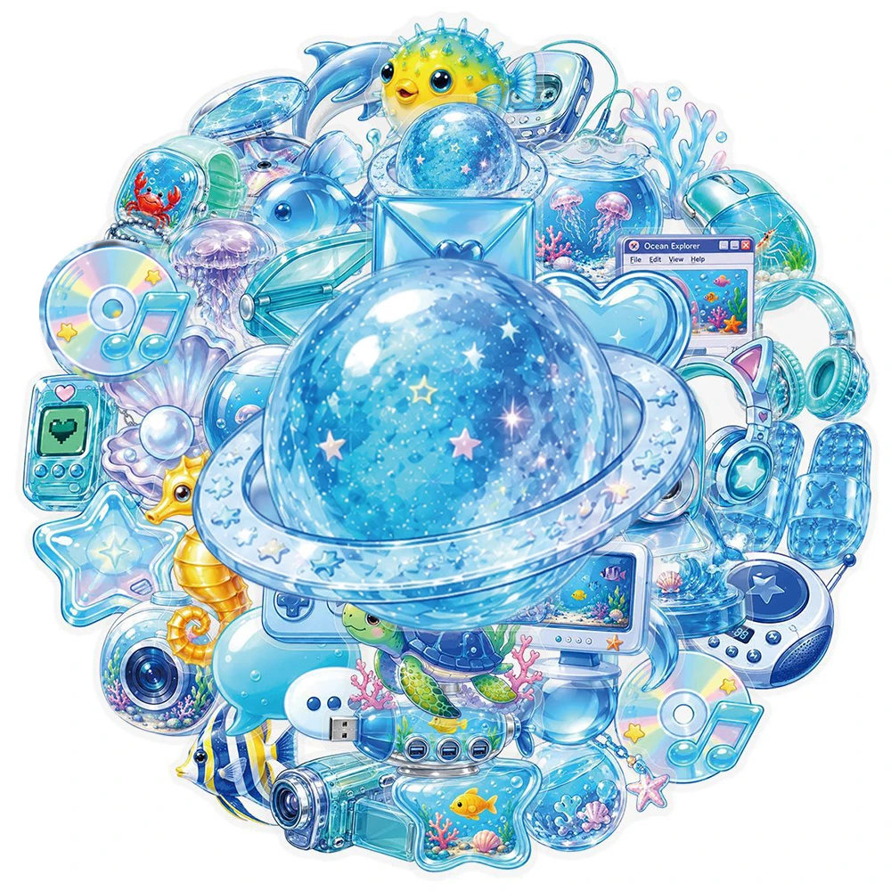 10/30/50pcs Blue Electronic Y3K Art Transparent Stickers Frutiger Aero Aesthetic Sticker Laptop Luggage Phone Cartoon PET Decals