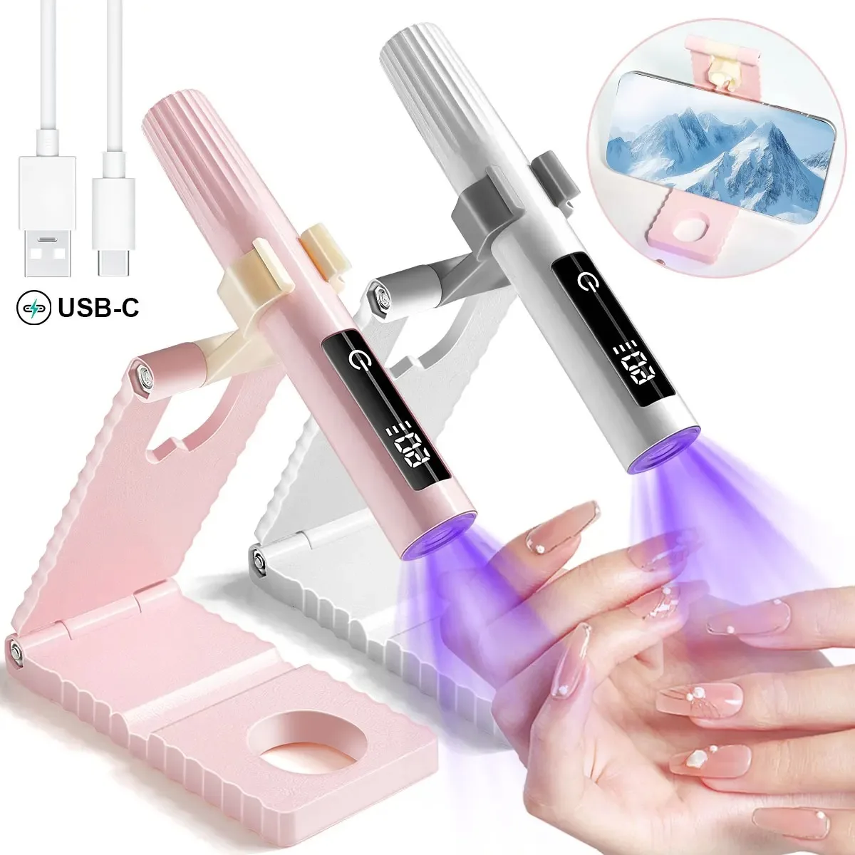 مصباح محمول محمول باليد لتعزيز الأظافر بالأشعة فوق البنفسجية، مصباح تحسين أظافر لاسلكي صغير قابل لإعادة الشحن مع شاشة LED للغلو الماسي