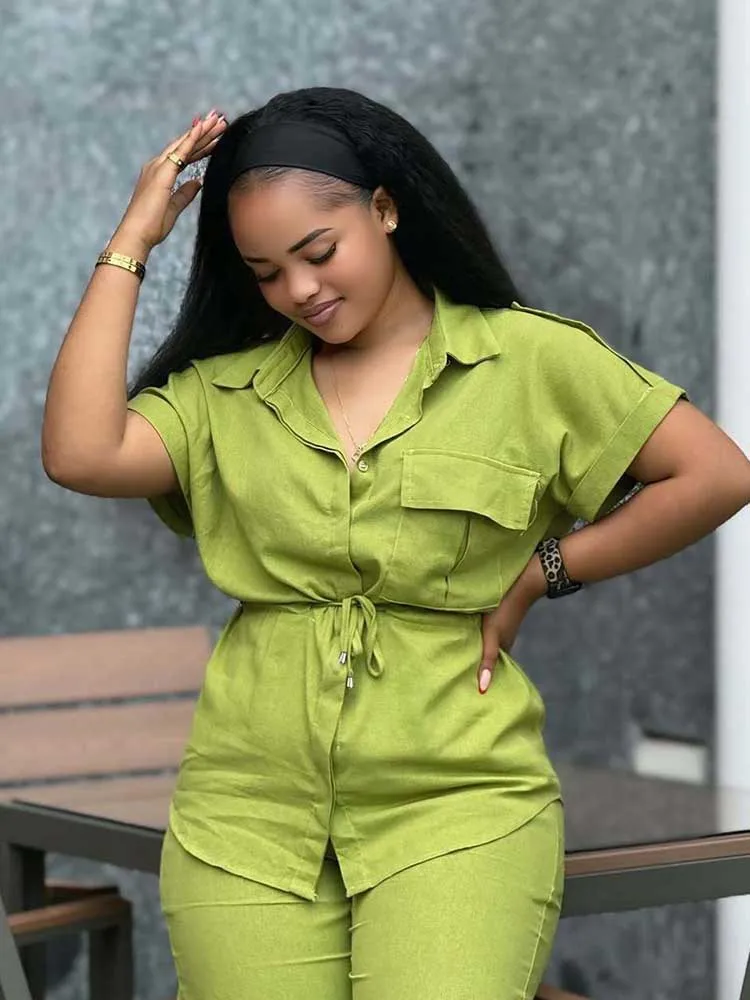 Conjunto de calças verdes e blusa de cintura emagrecedora para mulheres verão cor sólida 2 peças terno feminino chique roupa casual streetwear