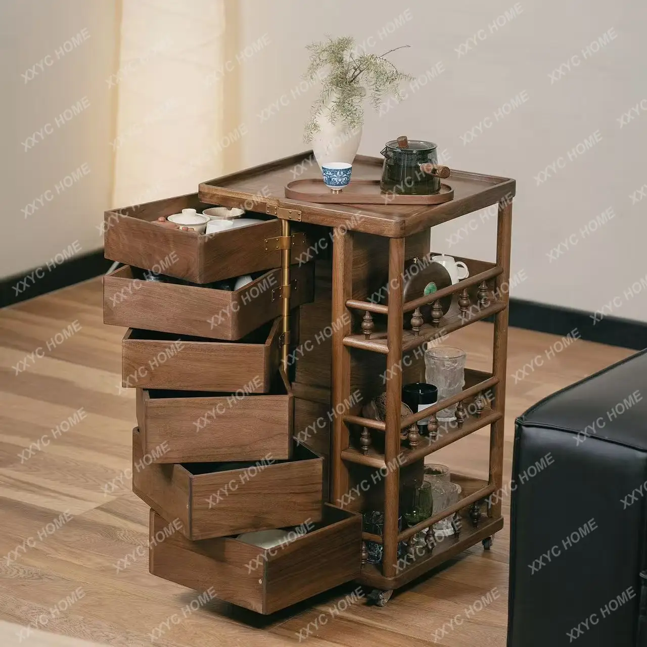 Medieval solid wood rotating cabinet living room movable sofa side cabinet dining room organ storage storage