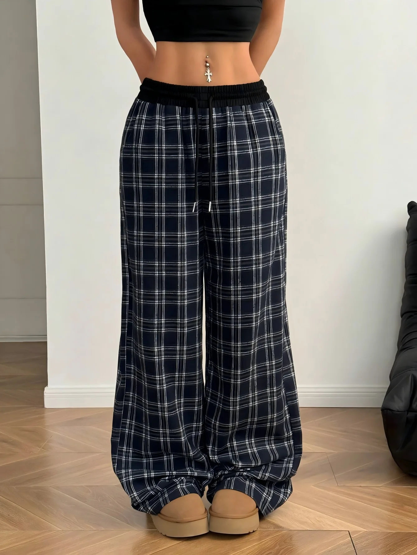 Women's Plaid Wide Leg Pants Elastic Drawstring Tartan Check Trousers Casual Streetwear Loose Full-Length with Side Pockets