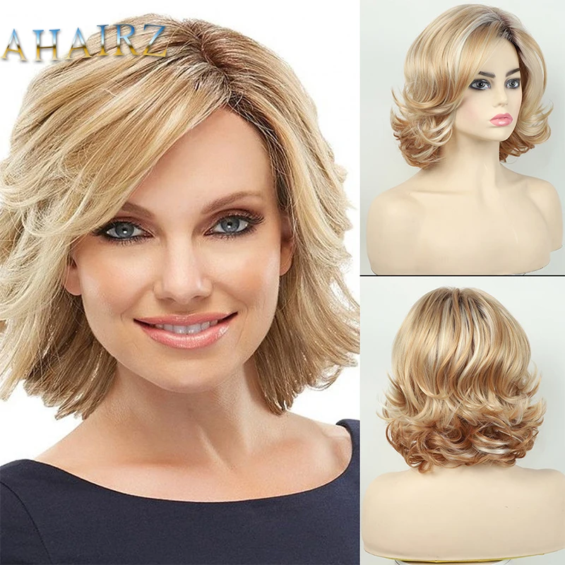 

Synthetic Wigs Short Curly Wave Blonde Gradient Wigs with Side Bangs For Women Daily Wear Wig High Temperature Fiber