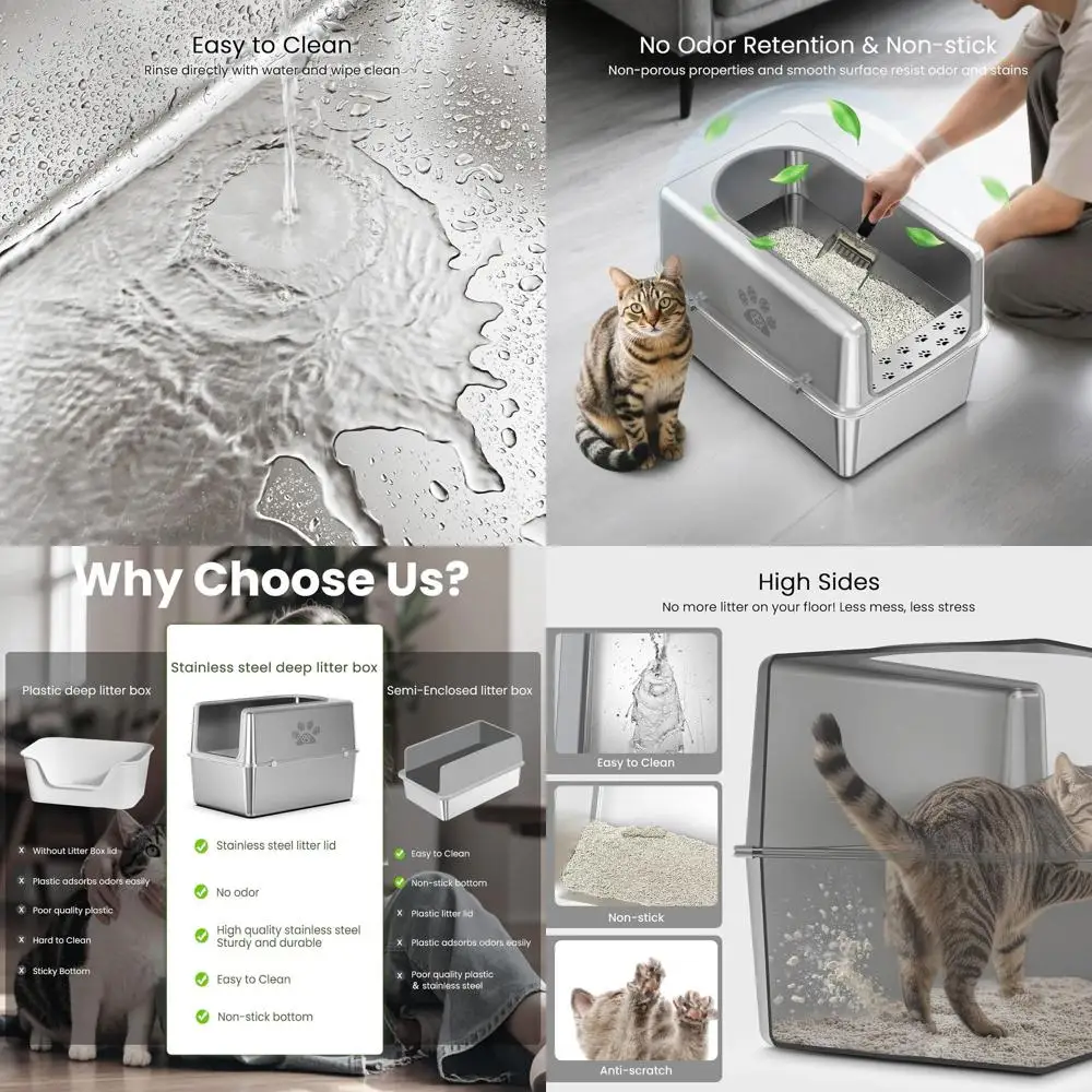 

Extra Large Stainless Steel Litter Box with Lid for Large Cats, High-Sided, Non-Stick, Odorless, Includes Mat & Scoop