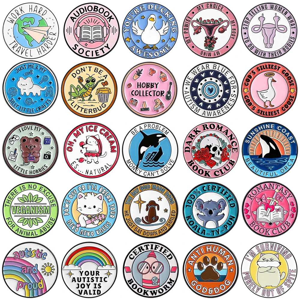 25 Stile Multi-Themen Niedliche Mehrfarbige Runde Emaille-Pins Tiere Lesen Bücher Buchstaben Broschen Anstecknadeln Schmuck Geschenke für Freunde