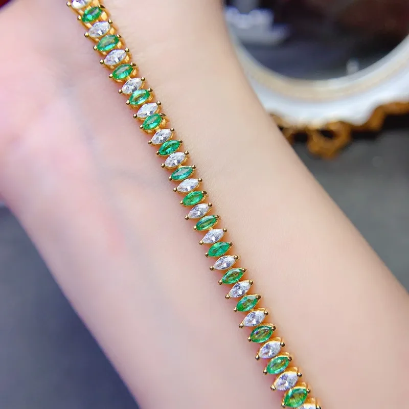 Natural Marquise Emerald 2x4mm Bracelet Classic Style 925 Silver Luxury Style Bracelet for Women Green Gem Stone Bracelet