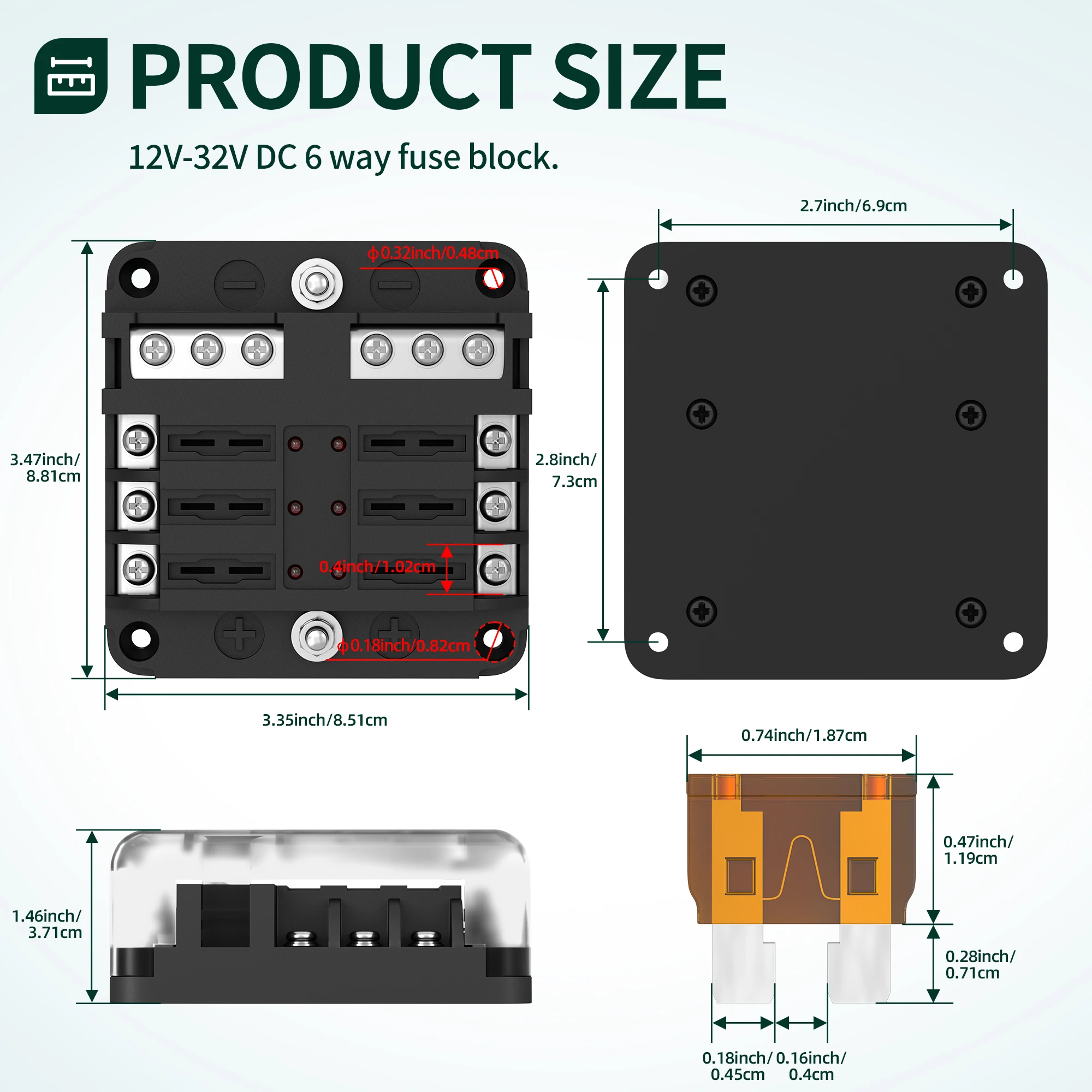 12V Fuse Block 6 Way 12 Way Fuse Box ATO/ATC Marine Fuse Panel with LED Indicator Light Waterproof 24V for Automotive Boat Car