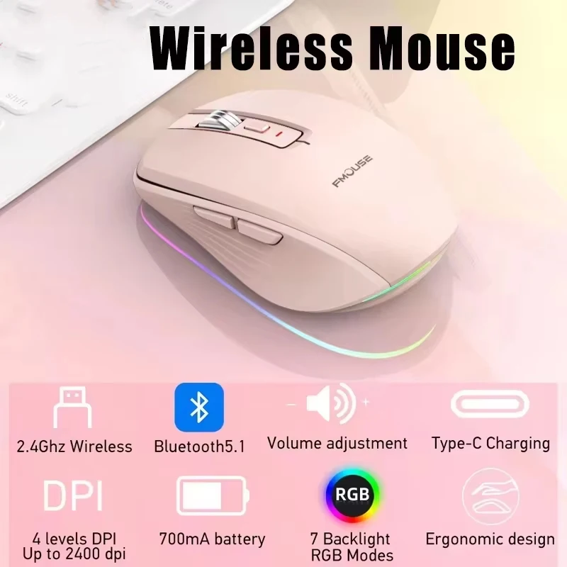 Dual Mode Rechargeable Bluetooth 2.4G Wireless Mouse RGB Mute Mouse For Windows Mac IOS Android Laptop Tablet Phone PC