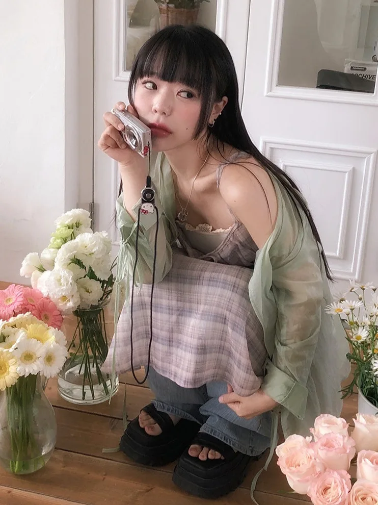 Fre Plaid Women's Summer 2025 New Small Size Inner Ele Sa Chiffon ter Dr Trendy Korean Sle High Waist Midi Skirt