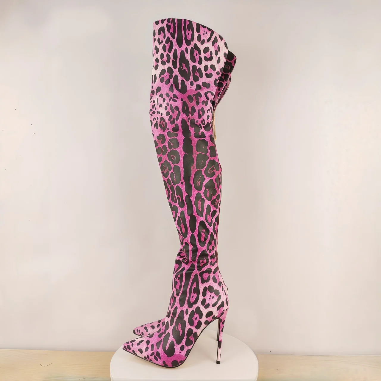 Women Pink Leopard Print Over-The-Knee Stiletto Boots Pointed-Toe Slim High Heel Thigh-High Footwear Bold Animal Pattern Design