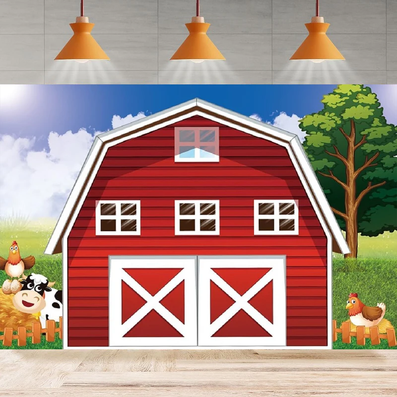 Cartoon Farm Photography Backdrop Animals Red Rustic Farmhouse Background Baby Shower Home Party Backdrop Wall Banner Decor