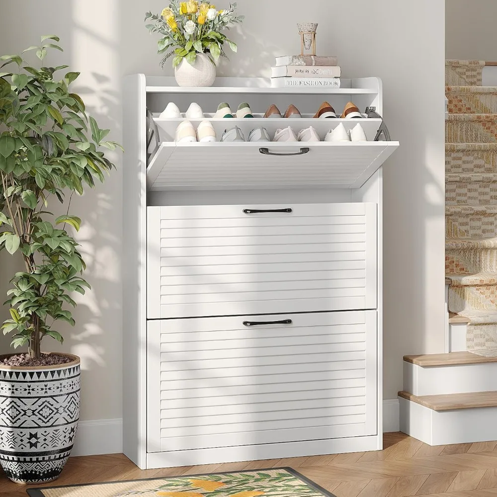 

Shoe Storage Cabinet with 3 Flip Louvered Doors, Freestanding Organizer with Metal Hinges, Shoe Cabinet for Entryway, Na