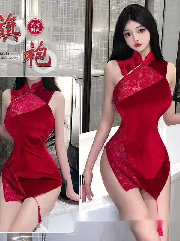 Sexy Ancient Style Slim Fit Cheongsam Printing Splicing Solid Color Asymmetric Dress Summer Appear Thin Temperament Dress  P76B